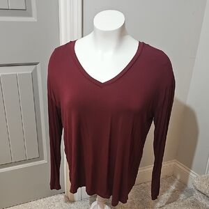 Wonderly V-Neck Long Sleeve Top in Burgundy Wine